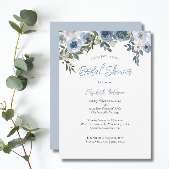 Convite Chá de Bebê Azul Floral em Aquarela (Dusty Blue Floral Watercolor Bridal Shower invitation)