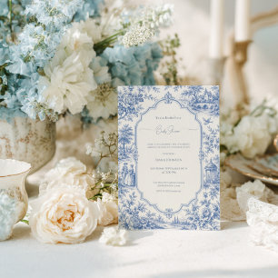 Convite Chá de Bebê Azul Floral Toile Francês Antigo