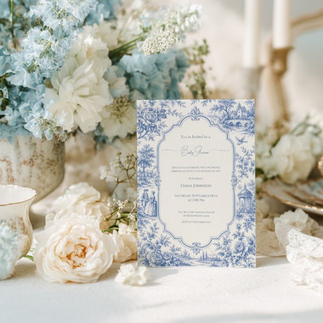 Convite Chá de Bebê Azul Floral Toile Francês Antigo (Criador carregado)