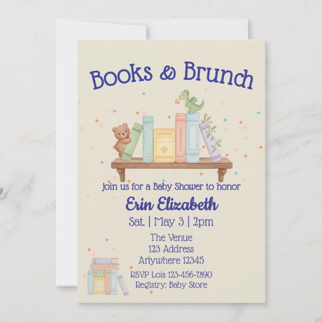 Convite Chá de Bebê Azul Livros & Brunch (Frente)