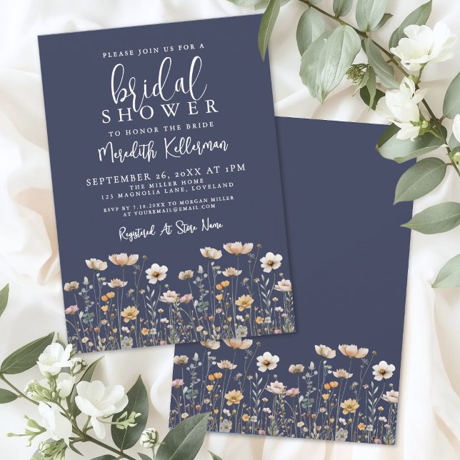 Convite Chá de Bebê Azul Marinho com Flores Silvestres (Wildflower Beige Bridal Shower Invitation)
