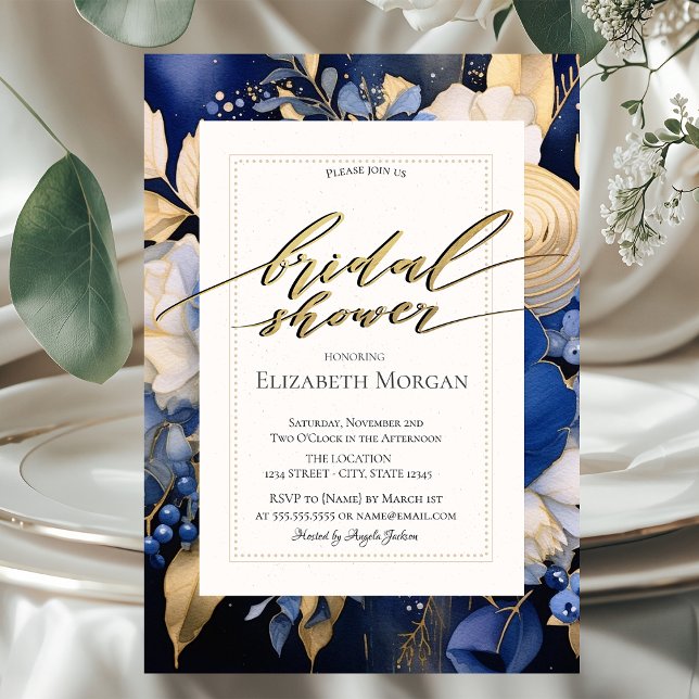 Convite Chá de Bebê Azul Marinho Flores de Creme (Criador carregado)
