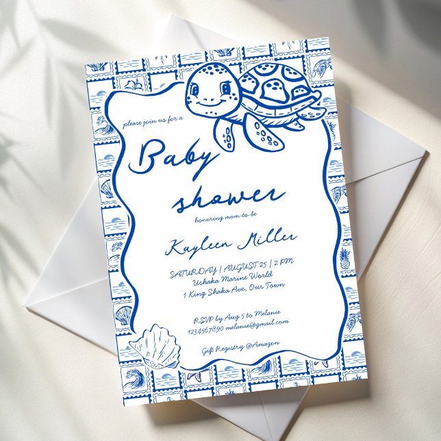Convite Chá de bebê azul tartaruga fofa debaixo do mar (Under the sea cute turtle blue post stamps wavy border baby shower invitation cards template)