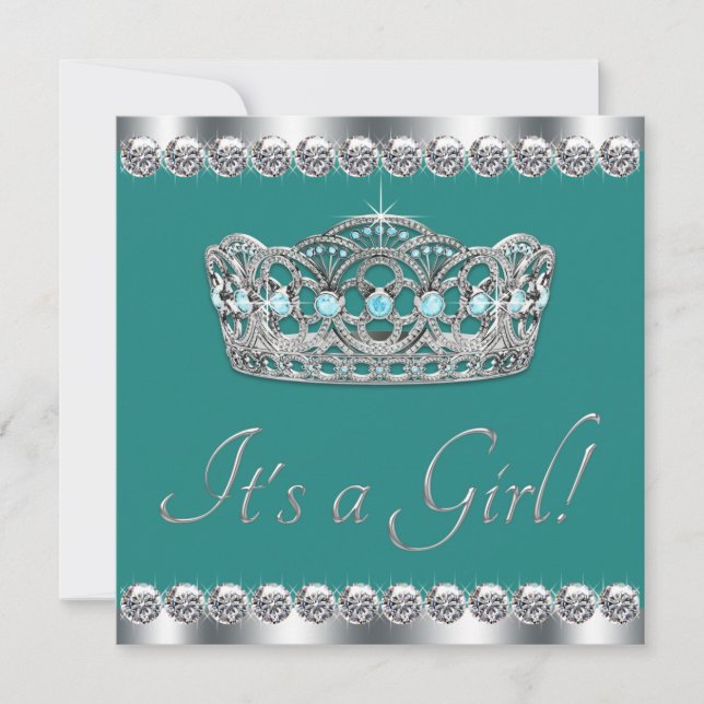 Convite Chá de Bebê Azul Turquesa Elegante Tiara Jade (Frente)