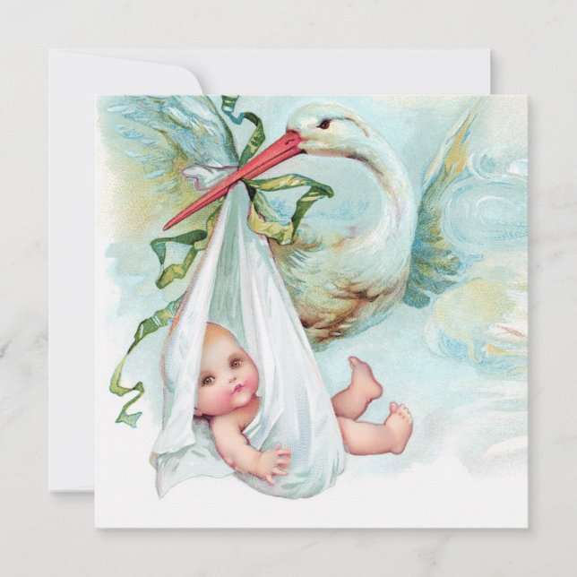 Convite Chá de Bebê Azul Turquesa Vintage Cegonha (Frente)