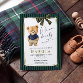 Convite Chá de Bebê Azul Verde Urso Teddy Elegante 
