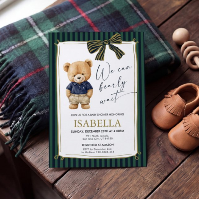 Convite Chá de Bebê Azul Verde Urso Teddy Elegante  (Criador carregado)