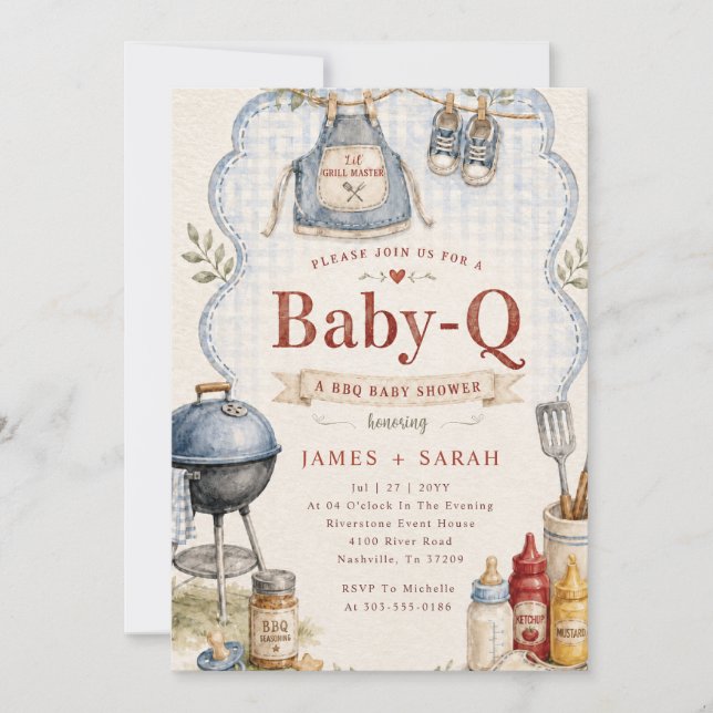 Convite Chá de Bebê Azul Xadrez Rústico Baby Q Churrasco (Frente)