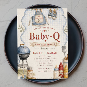Convite Chá de Bebê Azul Xadrez Rústico Baby Q Churrasco