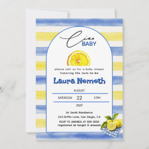 Convite Chá de Bebê Baby Blue & Listras Amarelas Limão