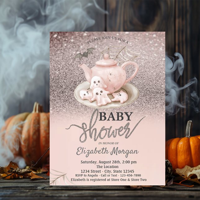 Convite Chá de Bebê Baby Ghosts Teapot Rose Brilho Bokeh (Criador carregado)