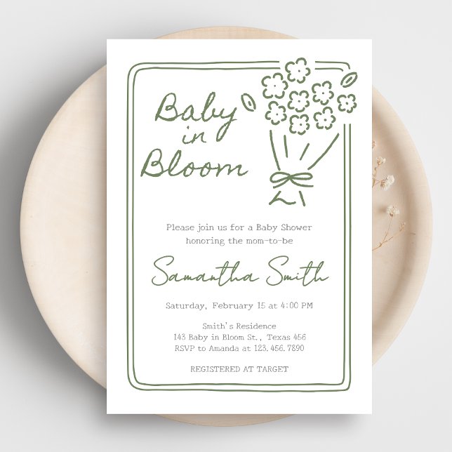 Convite Chá de Bebê Baby In Bloom (Green Hand Drawn Baby in Bloom Baby Shower Invitation)