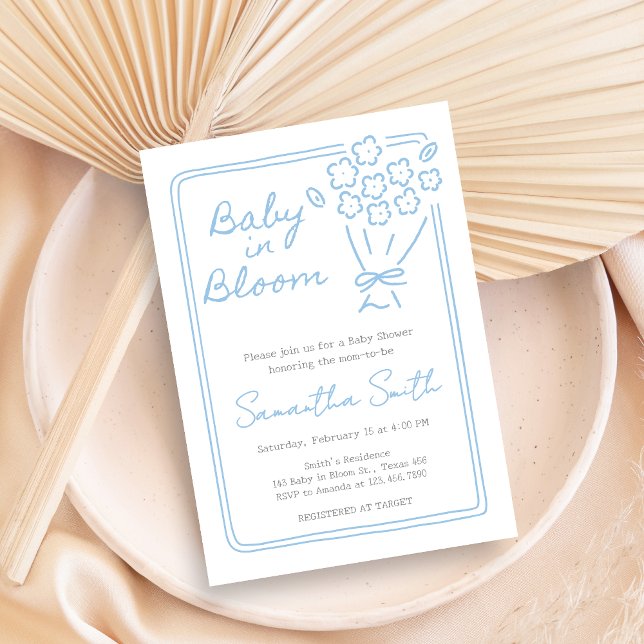 Convite Chá de Bebê Baby In Bloom (Blue Hand Drawn Baby in Bloom Baby Shower Invitation)