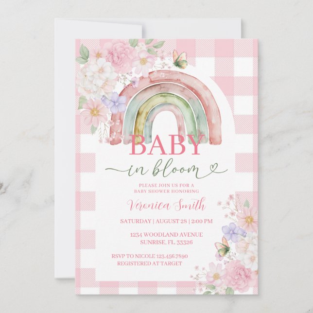 Convite Chá de Bebê Baby in Bloom Boho Arco-íris Rosa (Frente)