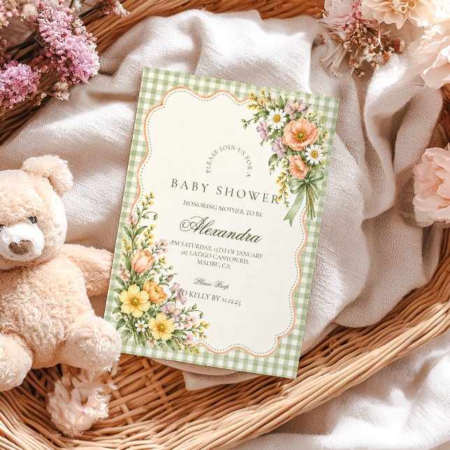 Convite Chá de Bebê Baby in Bloom em Sage Gingham (Criador carregado)