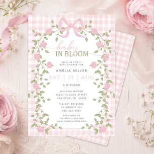Convite Chá de Bebê Baby in Bloom Floral Rosa Xadrez