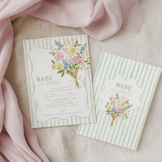 Convite Chá de Bebê Baby in Bloom Floral Verde Rosa