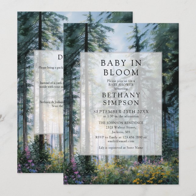 Convite Chá de Bebê Baby in Bloom Floresta Código QR (Frente/Verso)