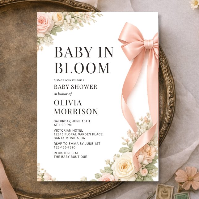 Convite Chá de Bebê Baby In Bloom Laço Rosa Coquette (Criador carregado)