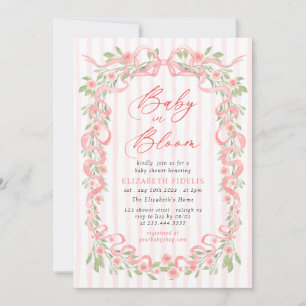 Convite Chá de Bebê Baby in Bloom Laço Rosa Flores Rosas