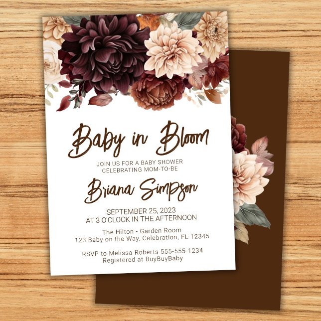 Convite Chá de Bebê Baby in Bloom Marrom Bege Floral (Criador carregado)