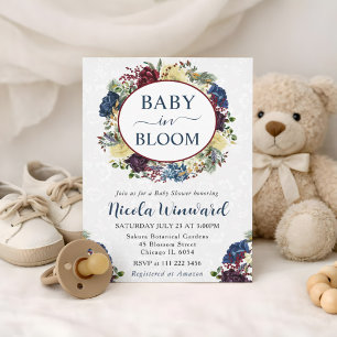 Convite Chá de Bebê Baby in Bloom Navy Burgundy Floral