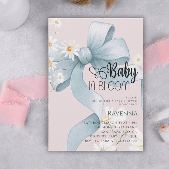 Convite Chá de Bebê Baby in Bloom Preppy Bow Blue Daisy (Criador carregado)