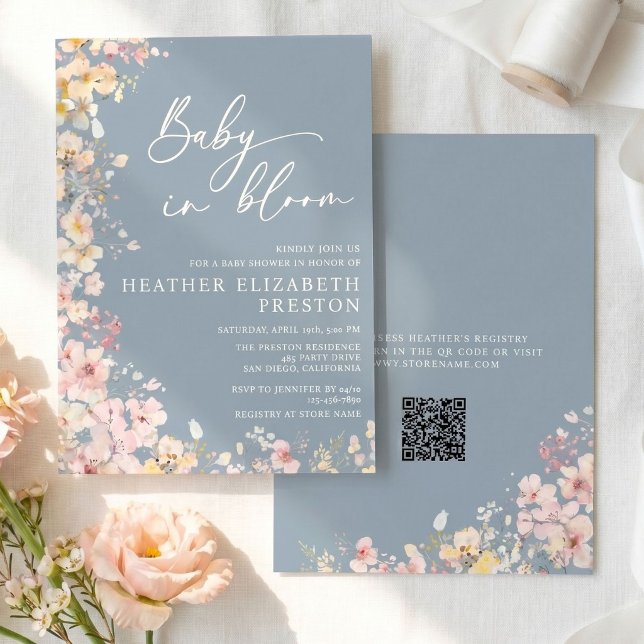 Convite Chá de Bebê Baby In Bloom Wildflower Dusty Blue (Criador carregado)