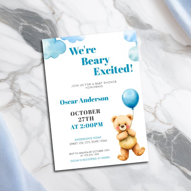 Convite Chá de Bebê Balão de Urso Teddy Aquarela Fofa (Criador carregado)