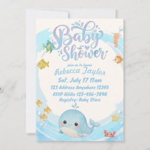 Convite Chá de Bebê Baleia Onda Azul Aquarela