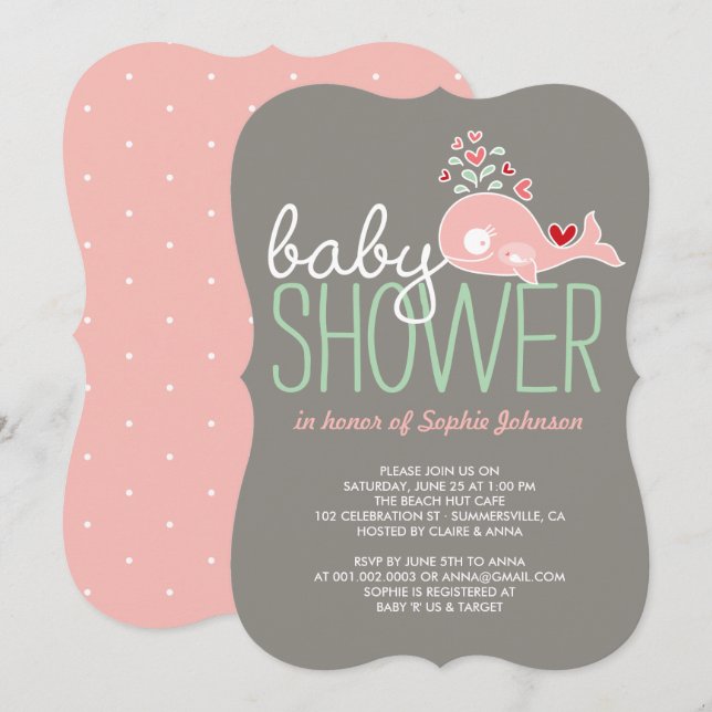 Convite Chá de Bebê Baleia Rosa Mamãe Grávida Menina Fofa (Frente/Verso)