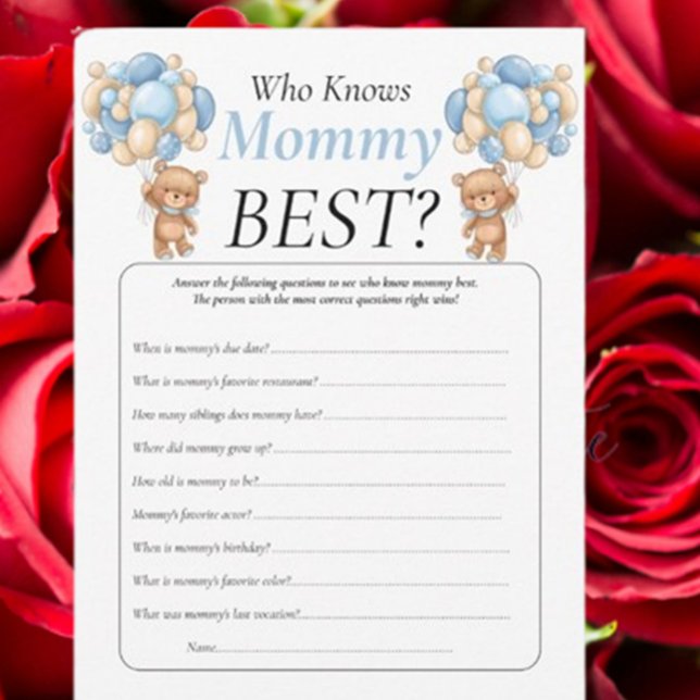 Convite Chá de Bebê. balões de ursinho  Azul Quem Sabe Mam (Celebrate your baby shower with adorable blue teddy bear decor and fun Mommy or Daddy games. )