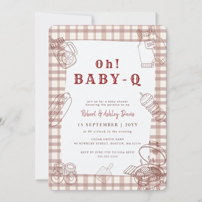 Convite Chá de Bebê Barbecue Rustico de Gingham Baby Q (Frente)