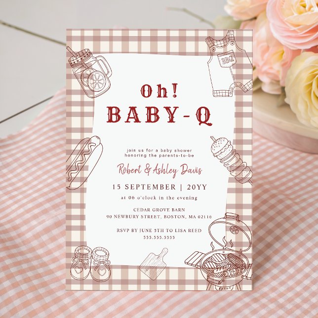 Convite Chá de Bebê Barbecue Rustico de Gingham Baby Q (Criador carregado)
