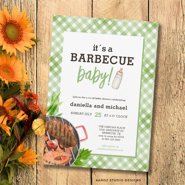 Convite Chá de Bebê Barbecue Rustico Xadrez (The front and back of the invitation are shown at a 5x7 inch. Choose size, paper, + corner style.)