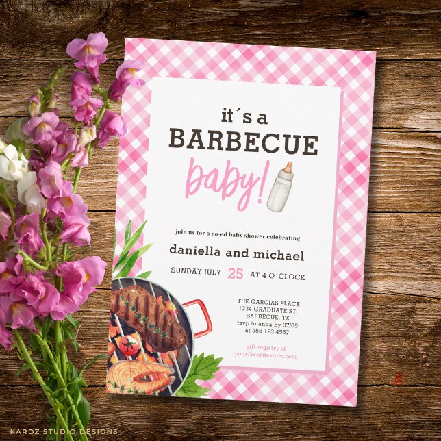 Convite Chá de Bebê Barbecue Xadrez Rústico Rosa (Front of the invitation is shown in 5x7-inch. Choose size, paper, and corner style.)