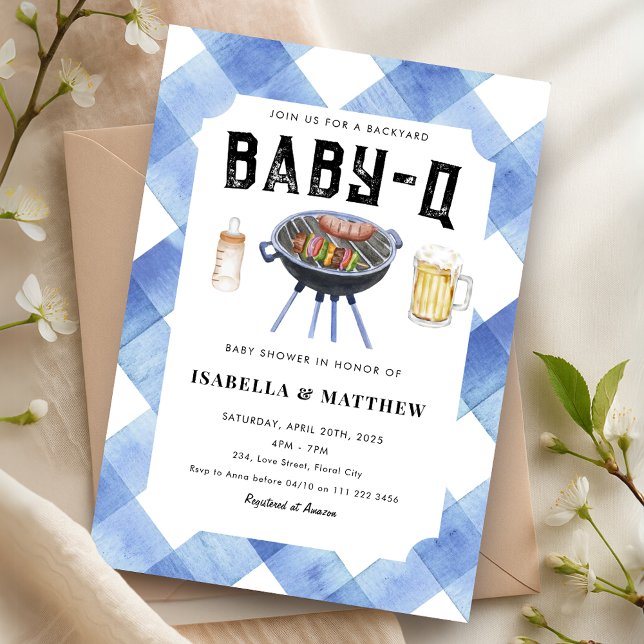 Convite Chá de Bebê BBQ Gingham Azul Baby-Q (BBQ Baby Shower Blue Gingham Baby Q Invitation)