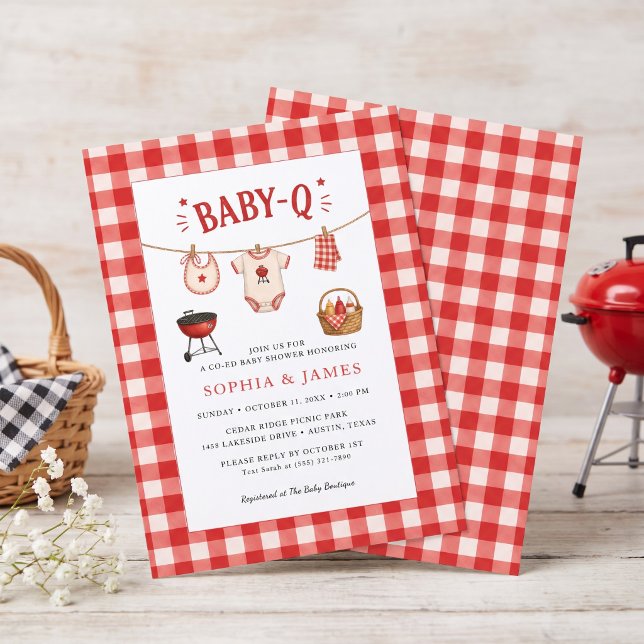 Convite Chá de Bebê BBQ Rustico Xadrez Vermelho (Bbq Baby Shower Rustic Red Gingham Invitation)