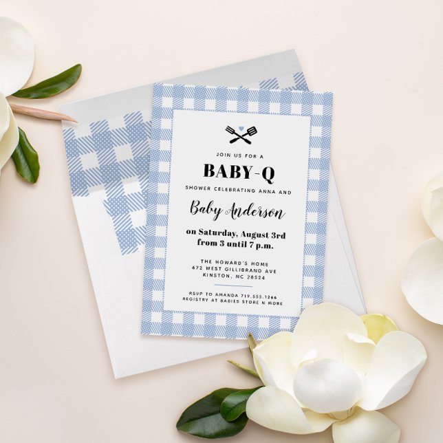 Convite Chá de Bebê BBQ Xadrez Gingham Azul Claro (sweet baby blue gingham sets the tone for a BBQ baby shower)