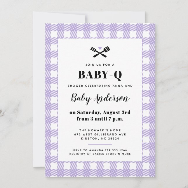 Convite Chá de Bebê BBQ Xadrez Gingham Lilás Suave (Frente)