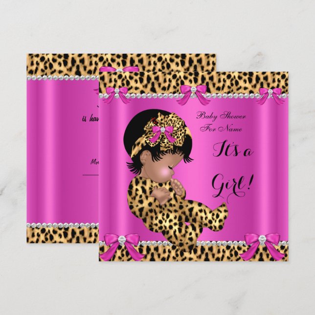 Convite Chá de Bebê Bebê Menina Bonita Leopardo Rosa Quent (Frente/Verso)