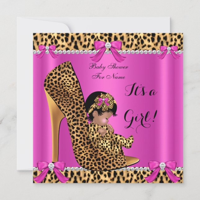 Convite Chá de Bebê Bebê Menina Fofo Leopardo Sapato Rosa  (Frente)