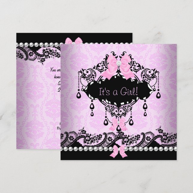 Convite Chá de Bebê Bebê Menina Rosa Preto Damask Laço (Frente/Verso)