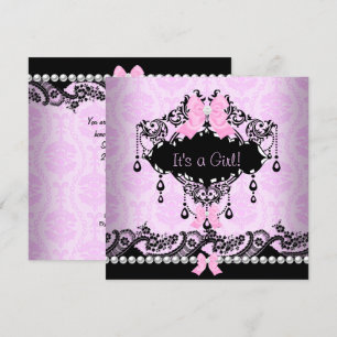 Convite Chá de Bebê Bebê Menina Rosa Preto Damask Laço