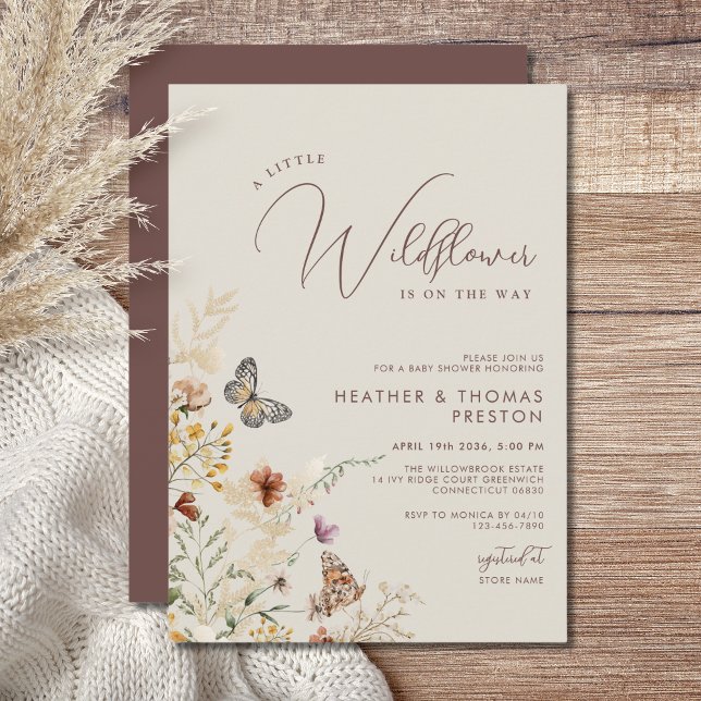 Convite Chá de Bebê Beige Boho Flor Silvestre Borboleta (Criador carregado)