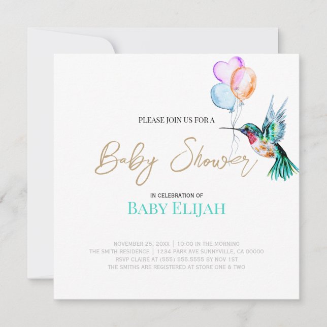 Convite Chá de Bebê Beija-flor em Aquarela e Balões (Frente)