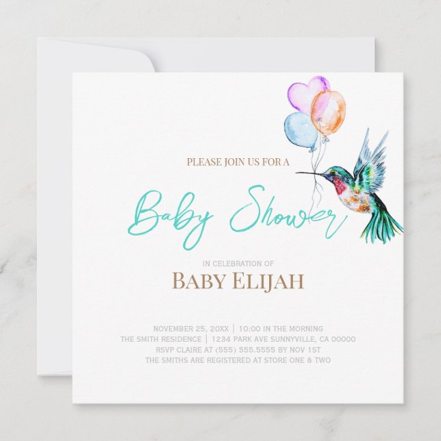 Convite Chá de Bebê Beija-flor em Aquarela e Balões (Frente)