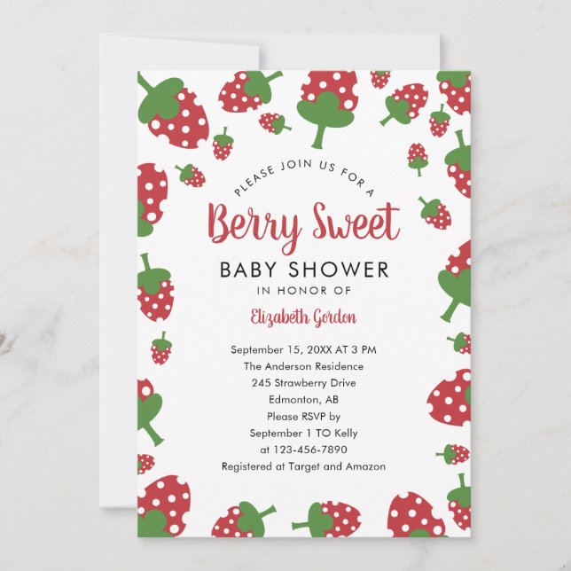 Convite Chá de Bebê Berry Sweet Morango Fofo Moderno (Frente)