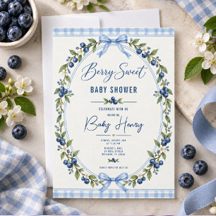 Convite Chá de bebê Berry Sweet Xadrez Azul Mirtilo