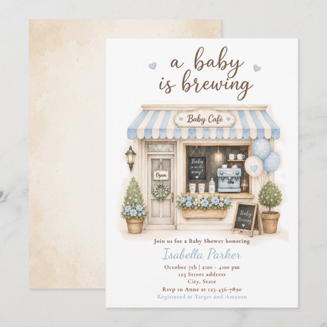 Convite Chá de Bebê Blue Baby Is Brewing Café (Frente/Verso)